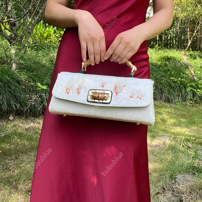 Magnolia Embroidered Boston Bag with Crossbody Chain