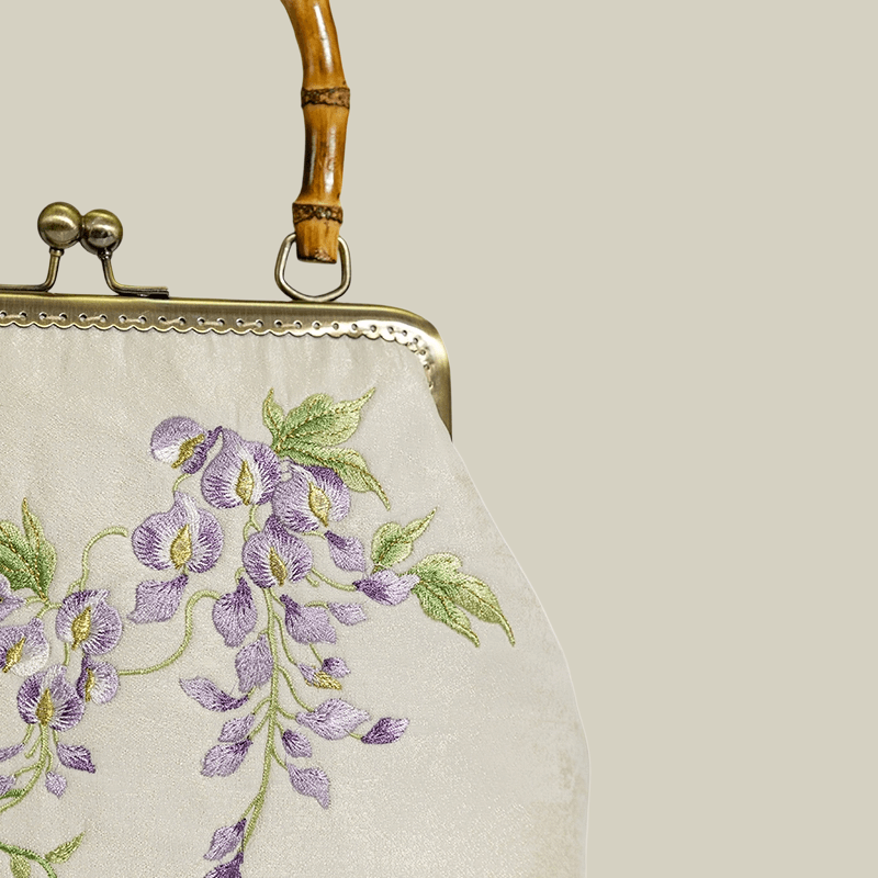 Swallow Embroidered Bamboo Handle Bag with Kiss-Lock