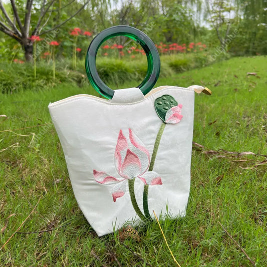 White Lotus Embroidered Tote Bag with Green Acrylic Handle