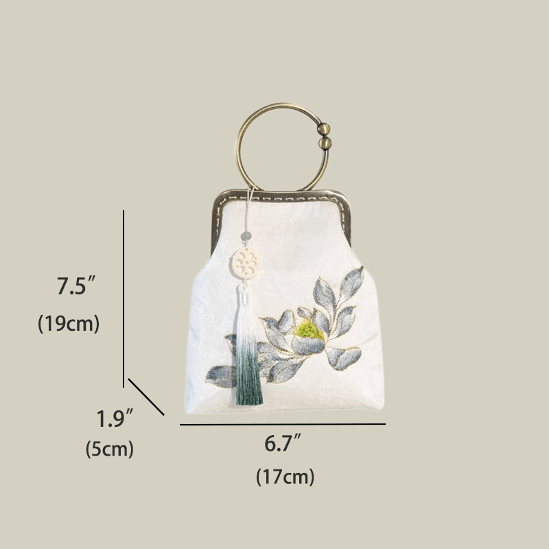 White Lotus Pod Embroidery Handbag with Kiss-Lock