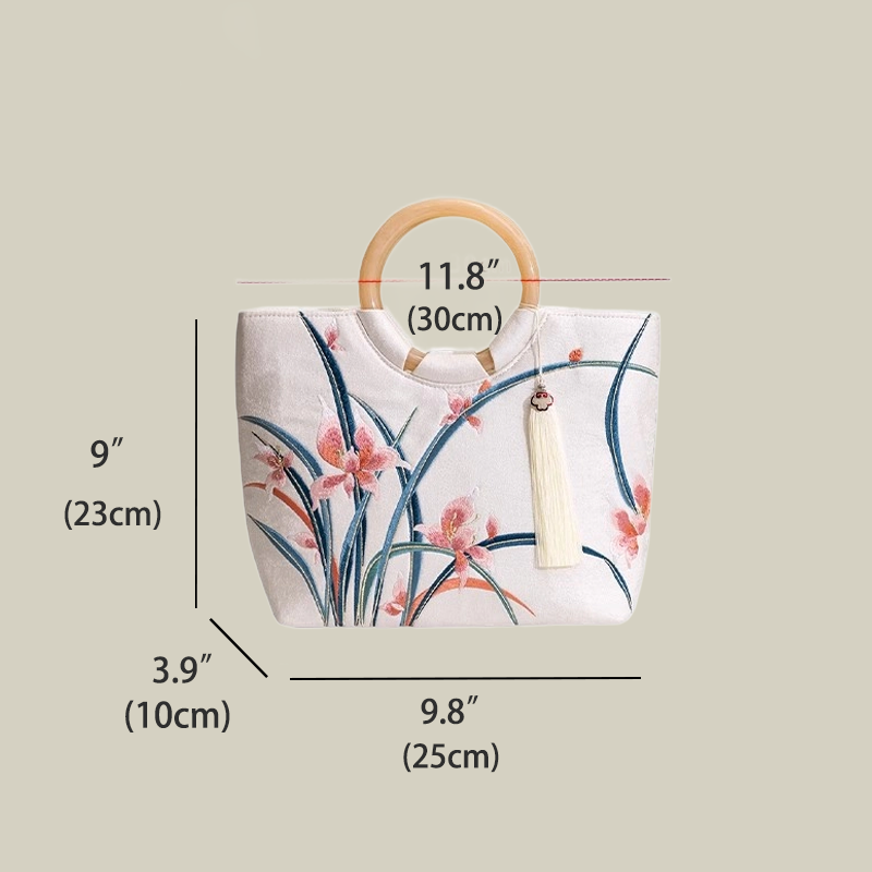 Large Capacity Orchid Bloom Embroidered Tote Bag with Acrylic Handle