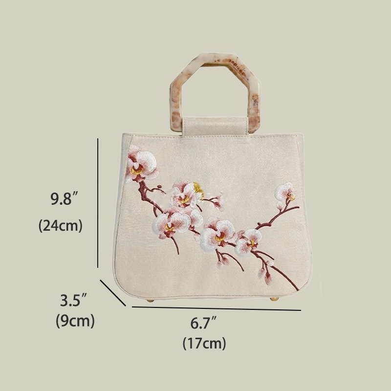 Moth Orchid Embroidered Tote Bag with Vintage Acrylic Handle