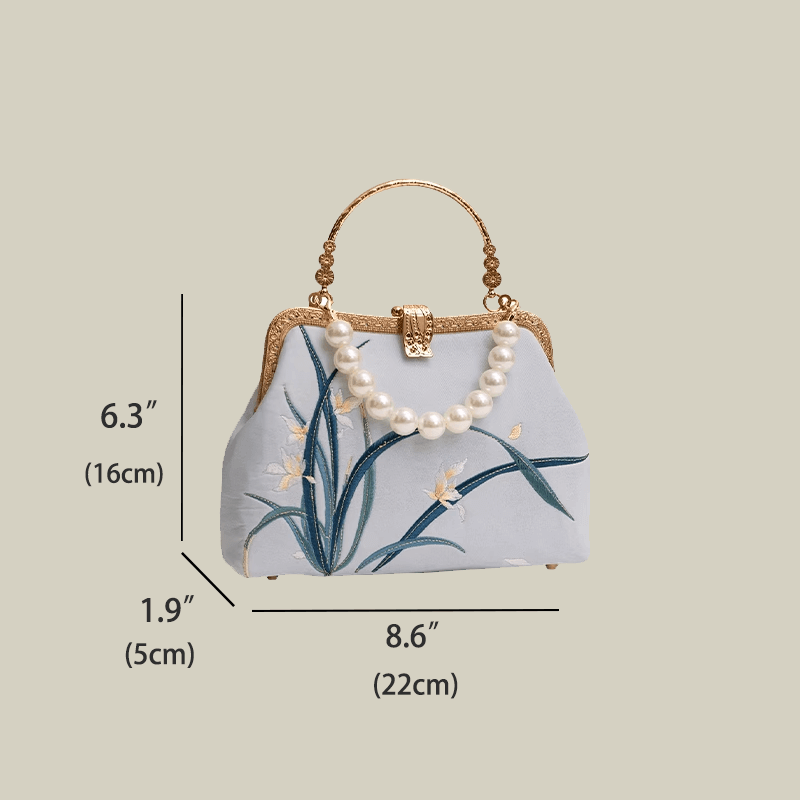 Orchid Embroidered Pearl Handle Handbag with Metal Lock