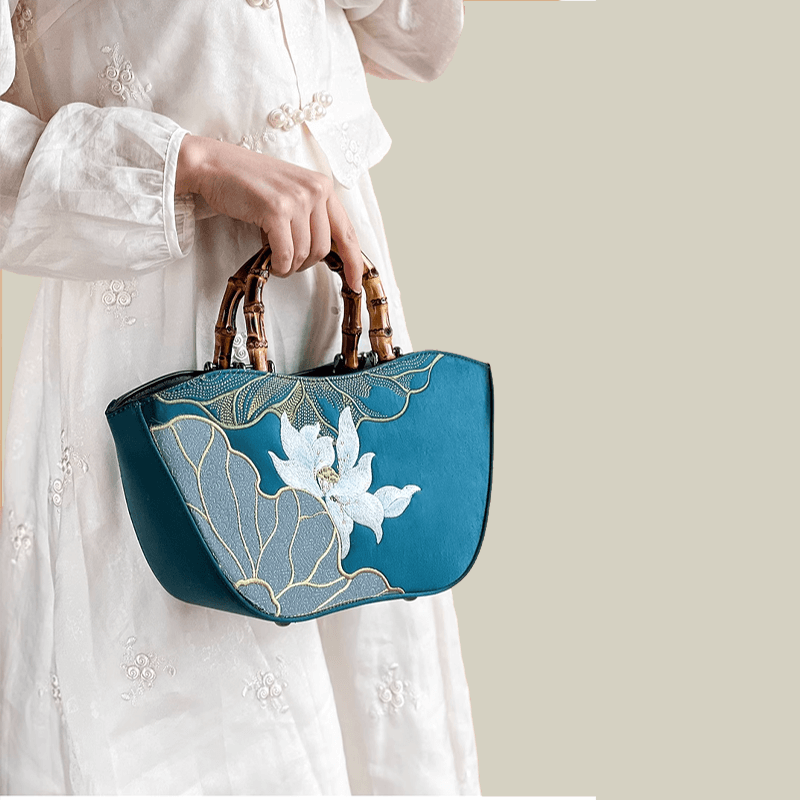 Lotus Embroidery Bamboo Handle Tote Bag