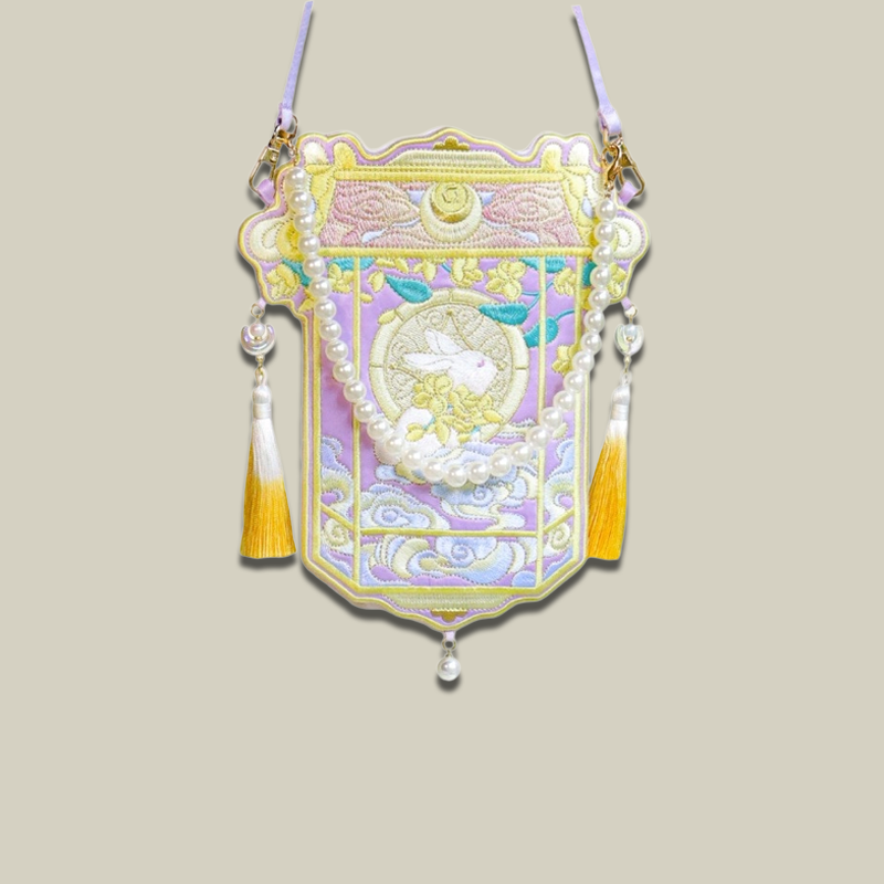 Moon Rabbit Embroidered Crossbody Bag with Pearl Handle