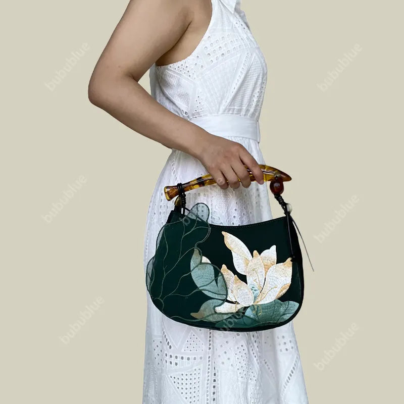 Lotus Embroidered Handbag with Fish Shape Handle