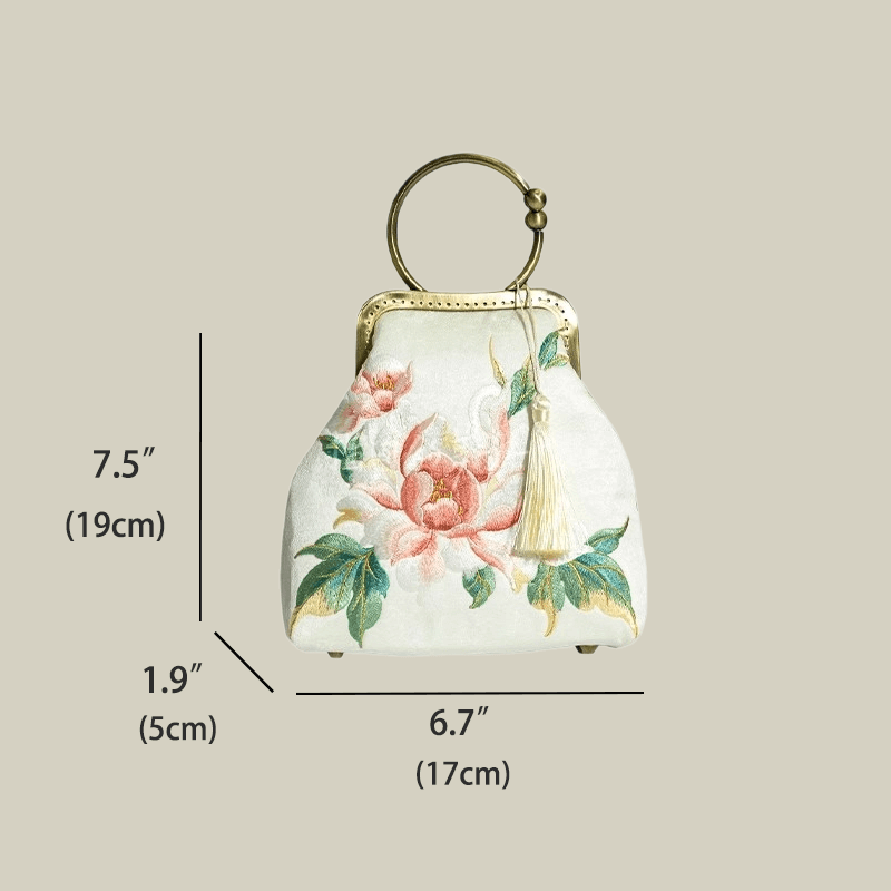 Peony Embroidered White Handbag with Metal Kiss-Lock