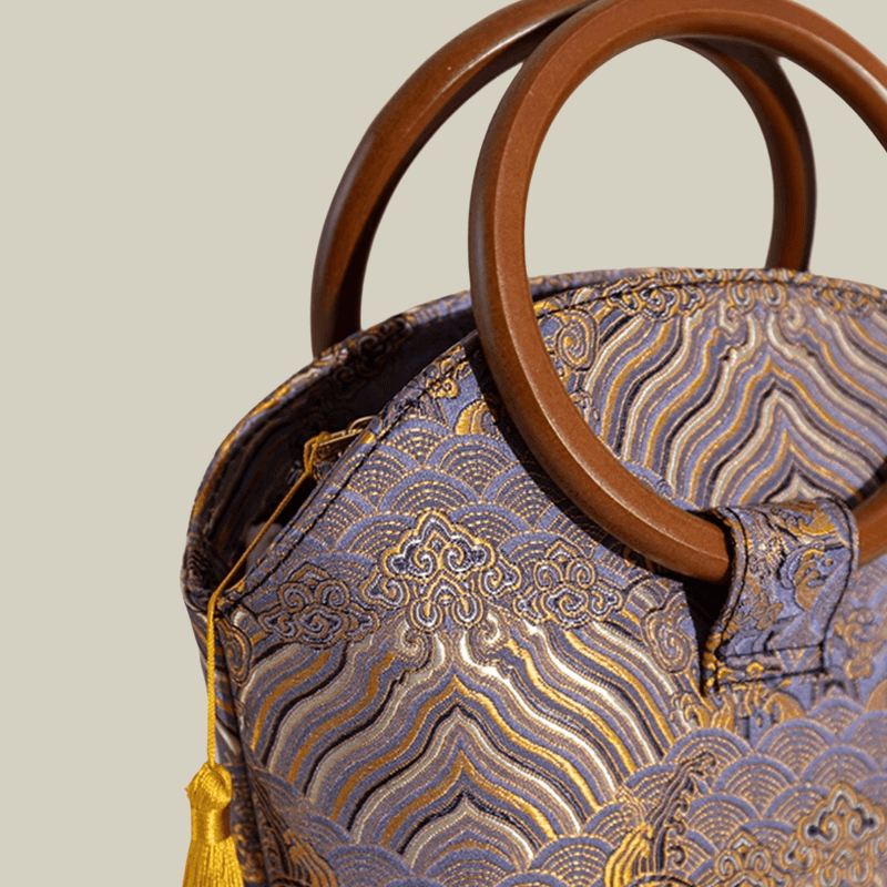 Brocade Shell Handbag with Wooden Ring Handle