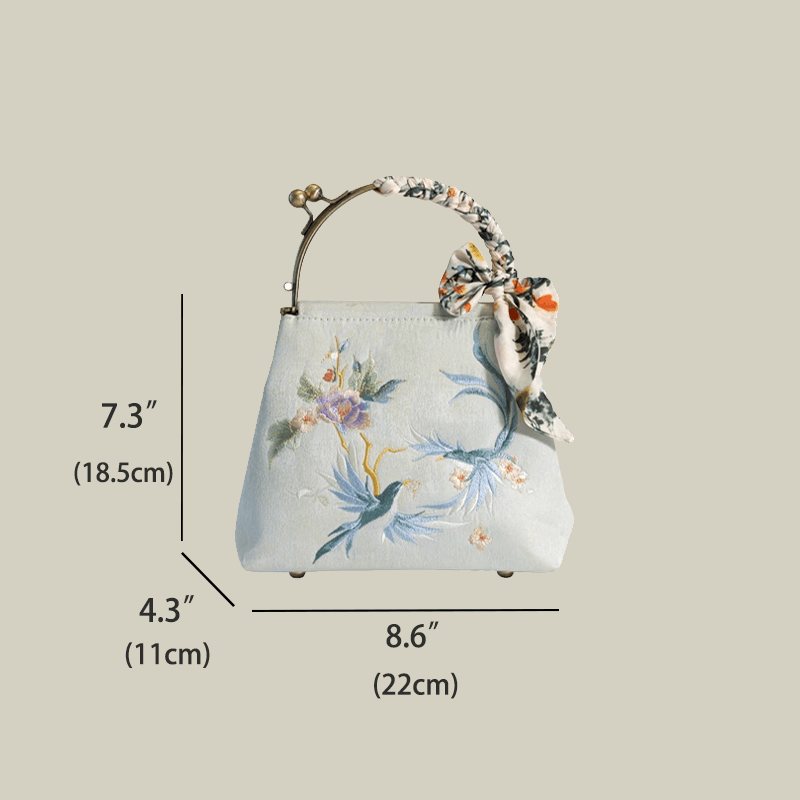 Kiss-Lock Embroidered Bird & Blossom Handbag with Silk Scarf