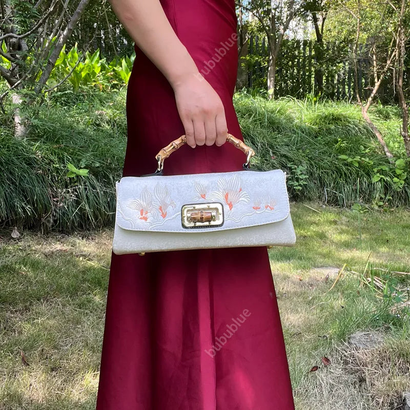 Magnolia Embroidered Boston Bag with Crossbody Chain