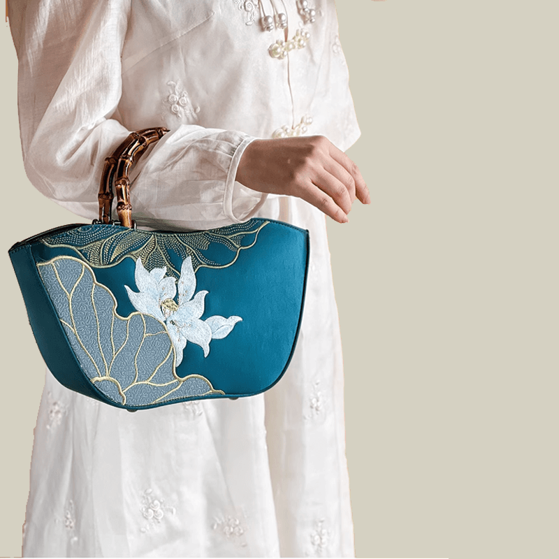 Lotus Embroidery Bamboo Handle Tote Bag
