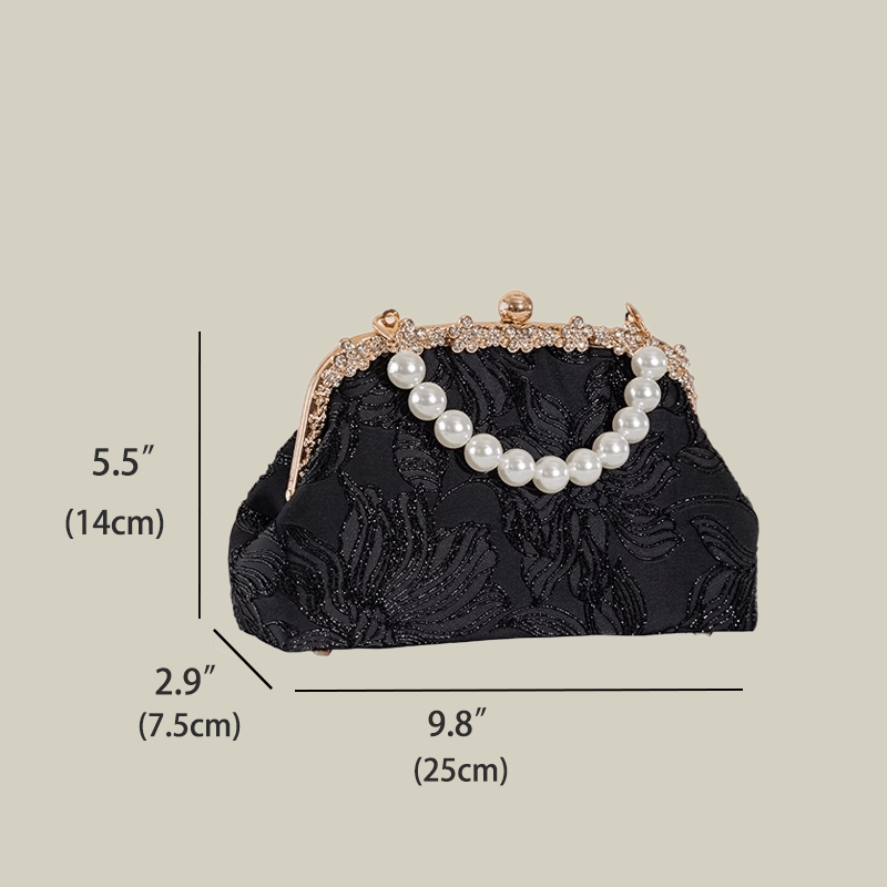 Floral Embroidered Pearl Handle Black Handbag