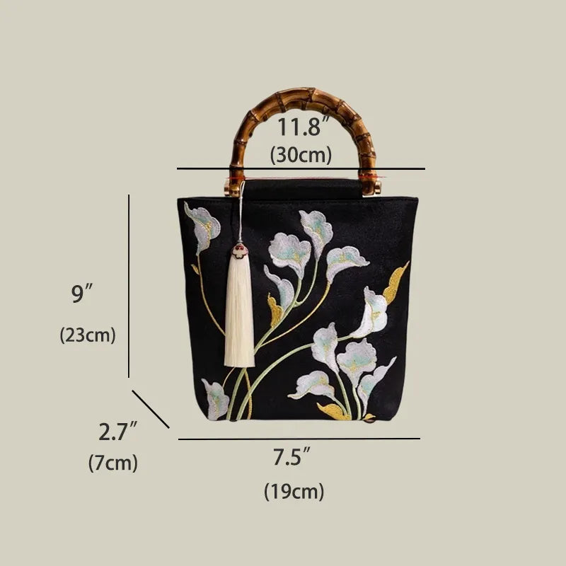 Embroidered Calla Lily Tote Bag with Wooden Handle