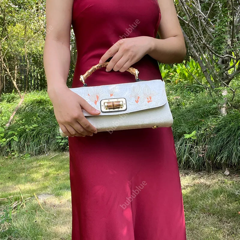 Magnolia Embroidered Boston Bag with Crossbody Chain