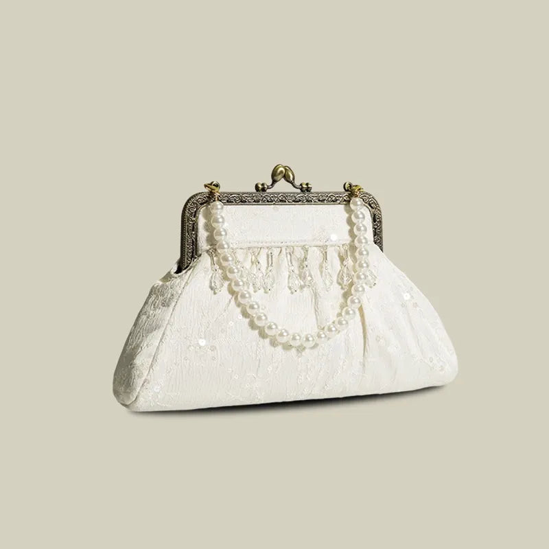 Vintage Pearl Tassel Satin Evening Bag with Kiss Lock(White/Black)