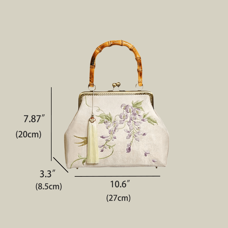 Swallow Embroidered Bamboo Handle Bag with Kiss-Lock