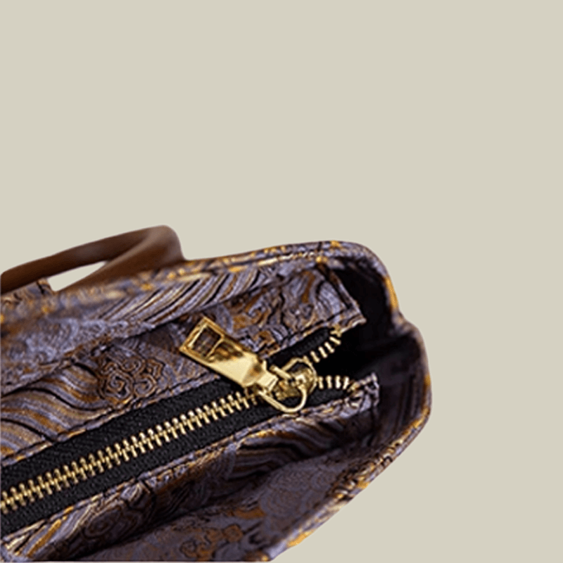 Brocade Shell Handbag with Wooden Ring Handle