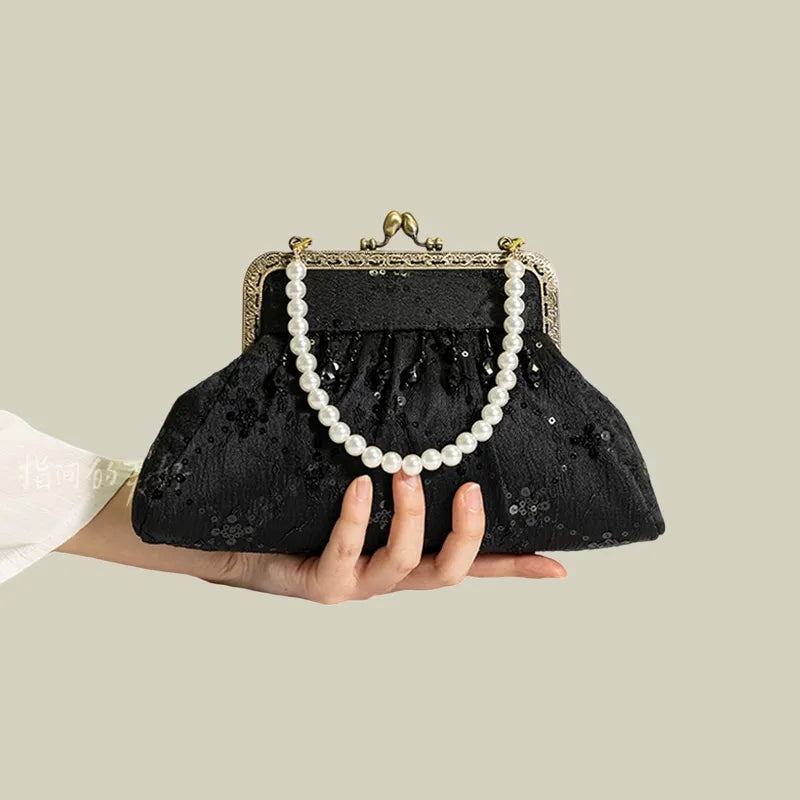 Vintage Pearl Tassel Satin Evening Bag with Kiss Lock(White/Black)
