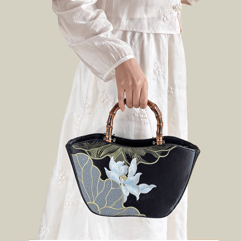 Lotus Embroidery Bamboo Handle Tote Bag