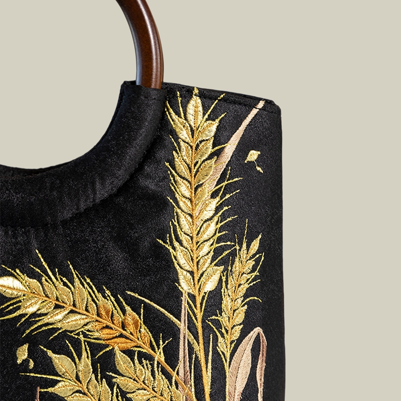 Golden Wheat Embroidered Tote Bag with Tassel