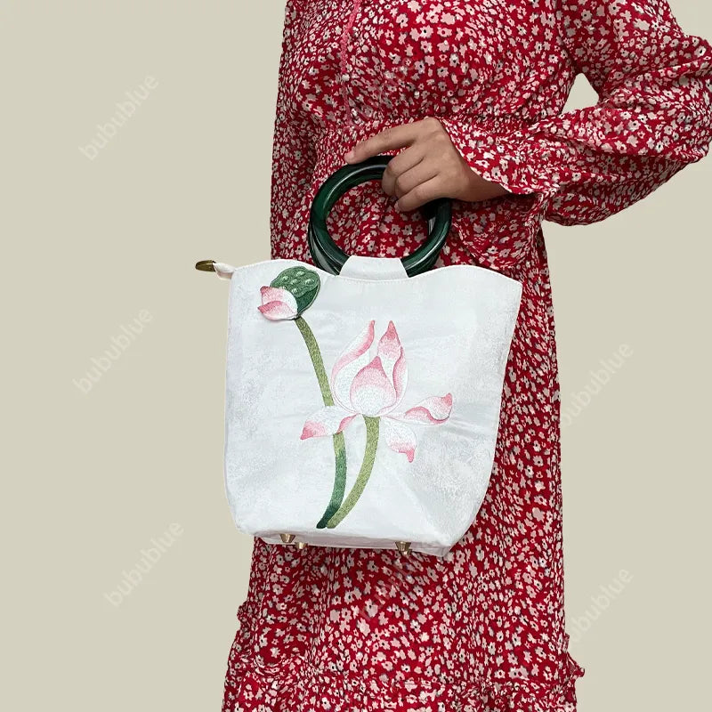 White Lotus Embroidered Tote Bag with Green Acrylic Handle