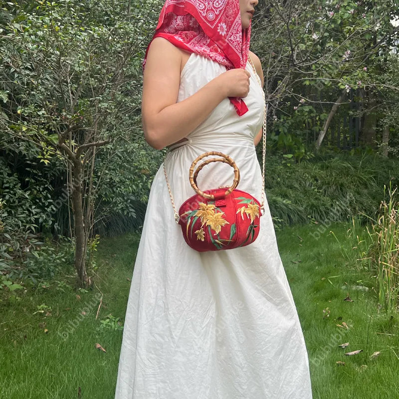 Maple Leaf Embroidered Pumpkin Handbag with Bamboo Handle