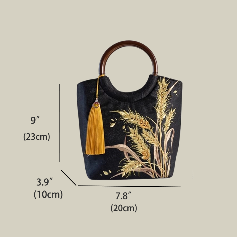 Golden Wheat Embroidered Tote Bag with Tassel