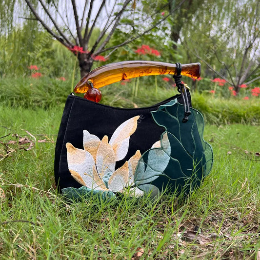 Lotus Embroidered Handbag with Fish Shape Handle