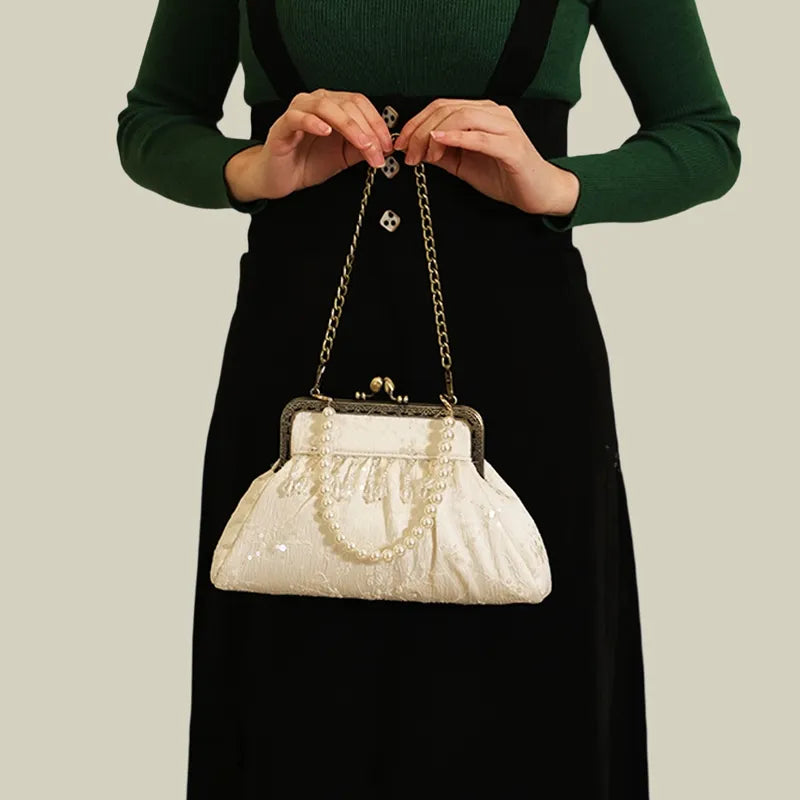 Vintage Pearl Tassel Satin Evening Bag with Kiss Lock(White/Black)