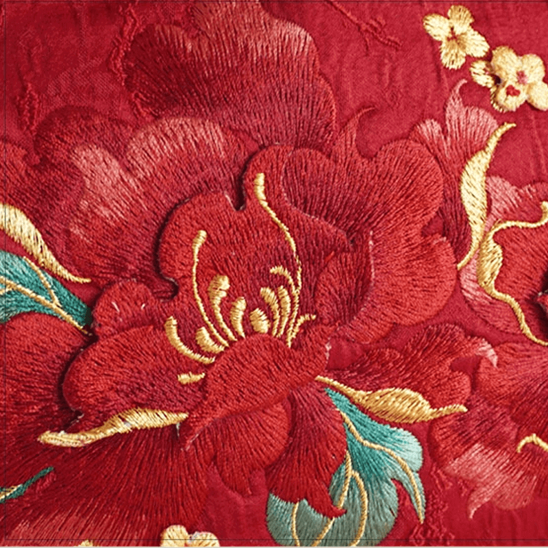 Red Peony Bloom Embroidered Tote Bag with Bamboo Handle