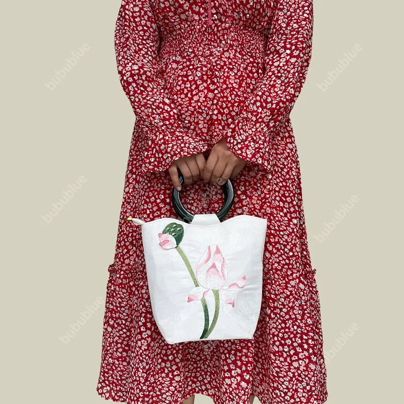 White Lotus Embroidered Tote Bag with Green Acrylic Handle