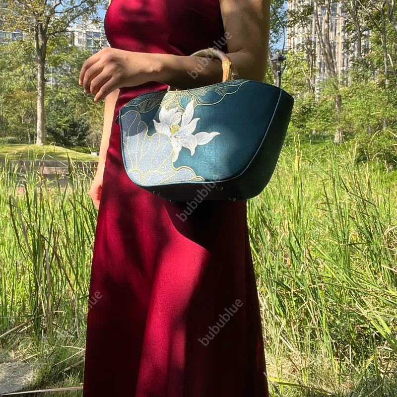 Lotus Embroidery Bamboo Handle Tote Bag