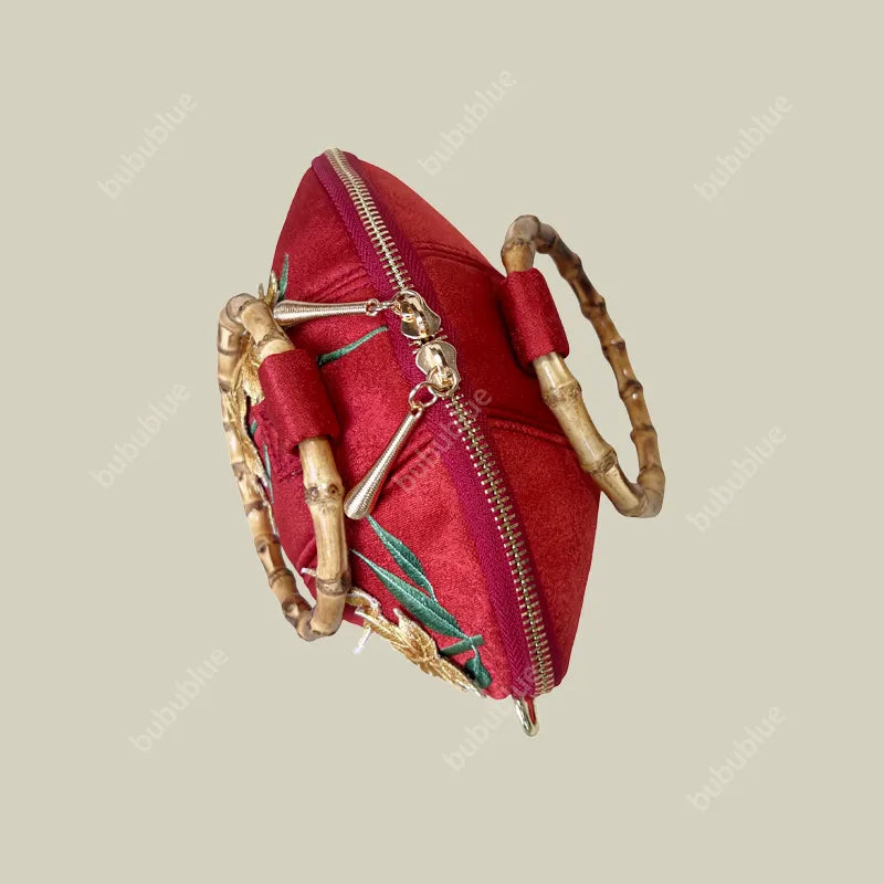 Maple Leaf Embroidered Pumpkin Handbag with Bamboo Handle
