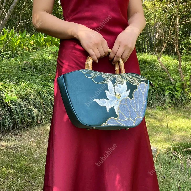 Lotus Embroidery Bamboo Handle Tote Bag