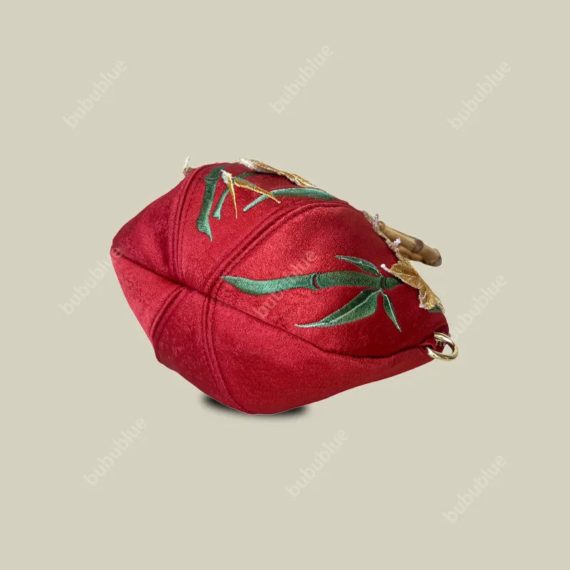 Maple Leaf Embroidered Pumpkin Handbag with Bamboo Handle