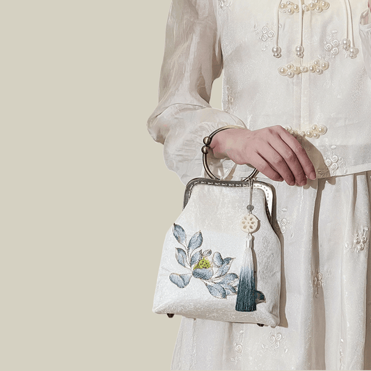 White Lotus Pod Embroidery Handbag with Kiss-Lock