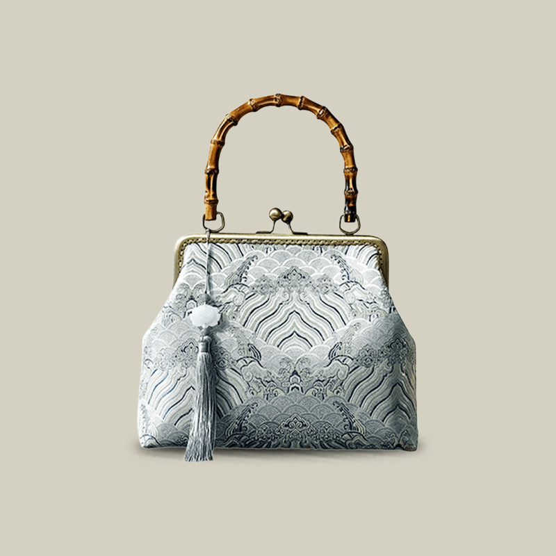 Cloud Brocade Handbag with Wooden Handle