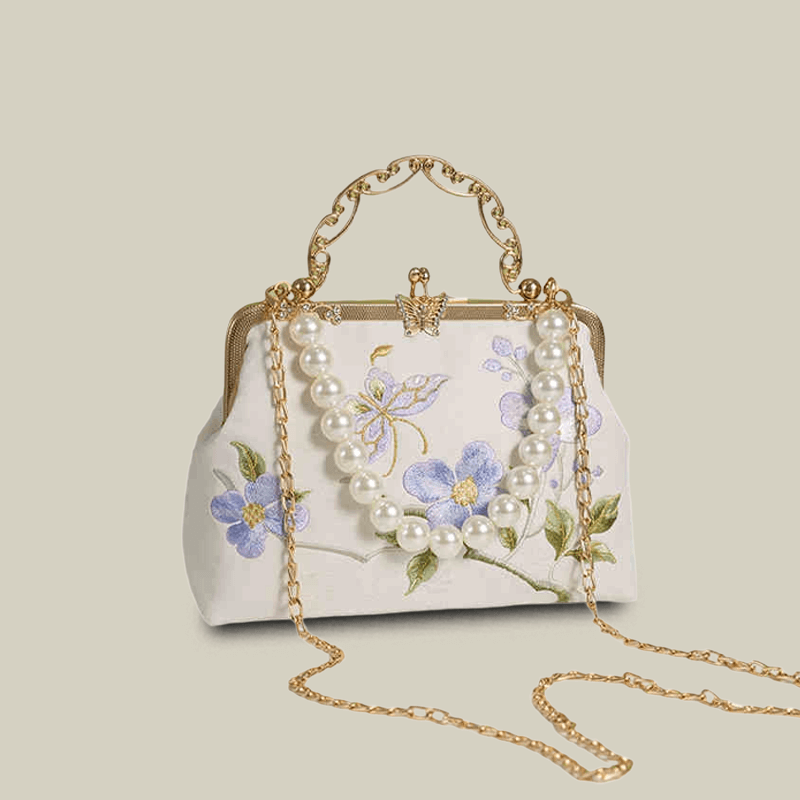 Butterfly Embroidered White Handbag with Metal Kiss-Lock