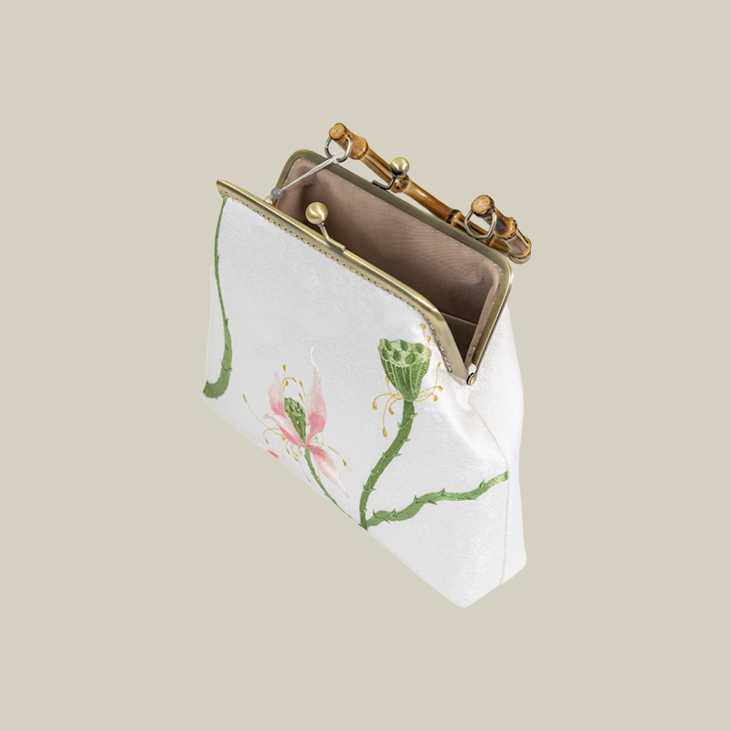 White Lotus Embroidered Handbag with Vintage Kiss Lock
