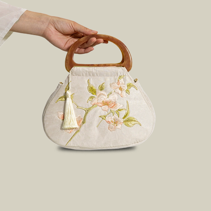 Peony Bloom White Embroidered Handbag with Wooden Handle