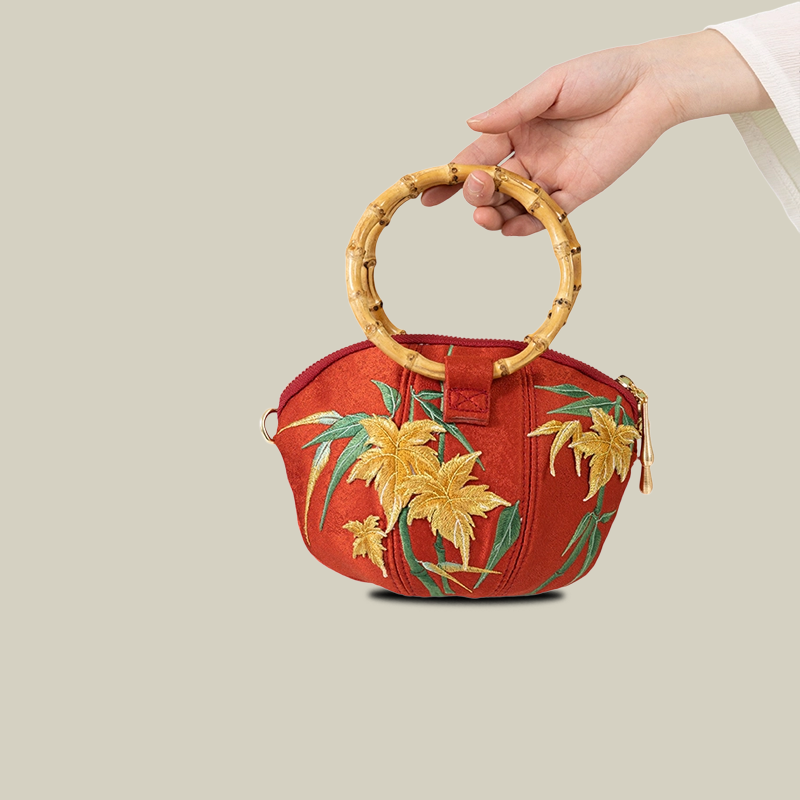 Maple Leaf Embroidered Shell Handbag with Bamboo Handle