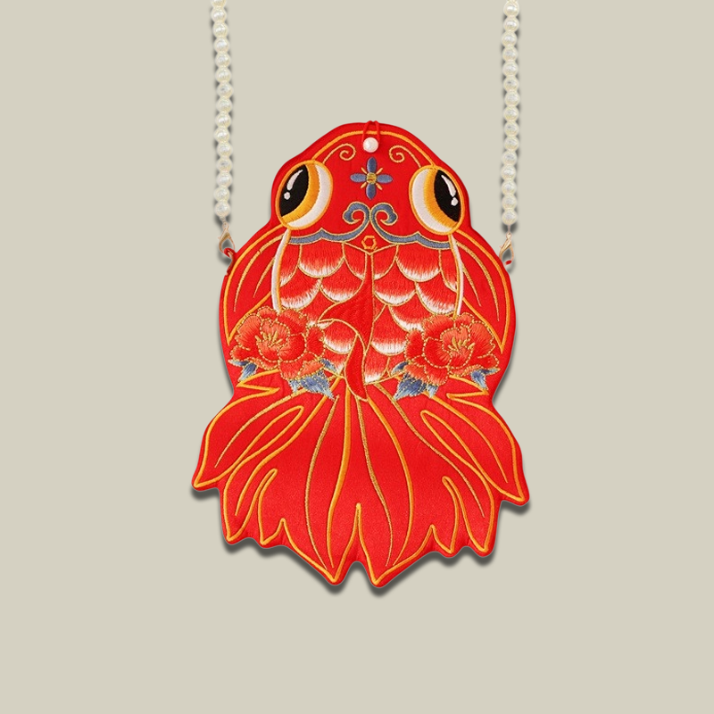 Lucky Koi Fish Embroidered Crossbody Bag with Pearl Chain
