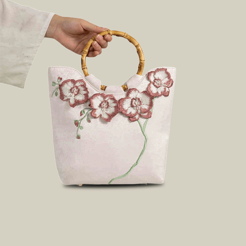 3D Embroidered Flowers & Bamboo Handle White Tote Bag