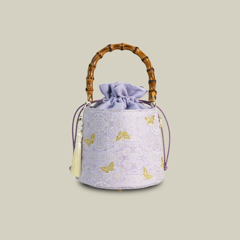 Golden Butterfly Embroidered Bucket Bag(Pink/Purple)