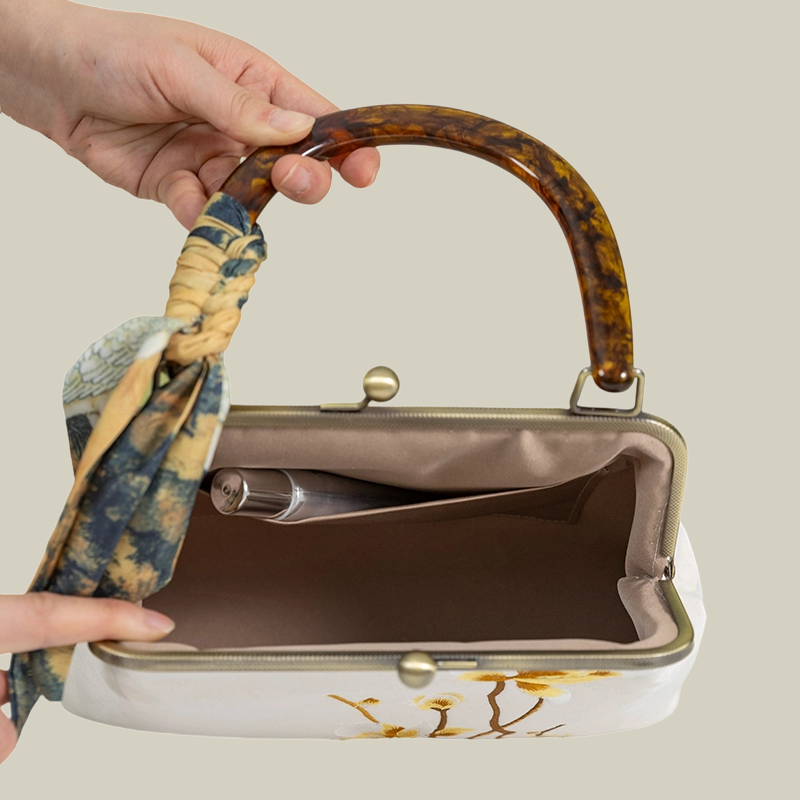 Floral Embroidered Kiss-Lock Handbag with Silk Scarf