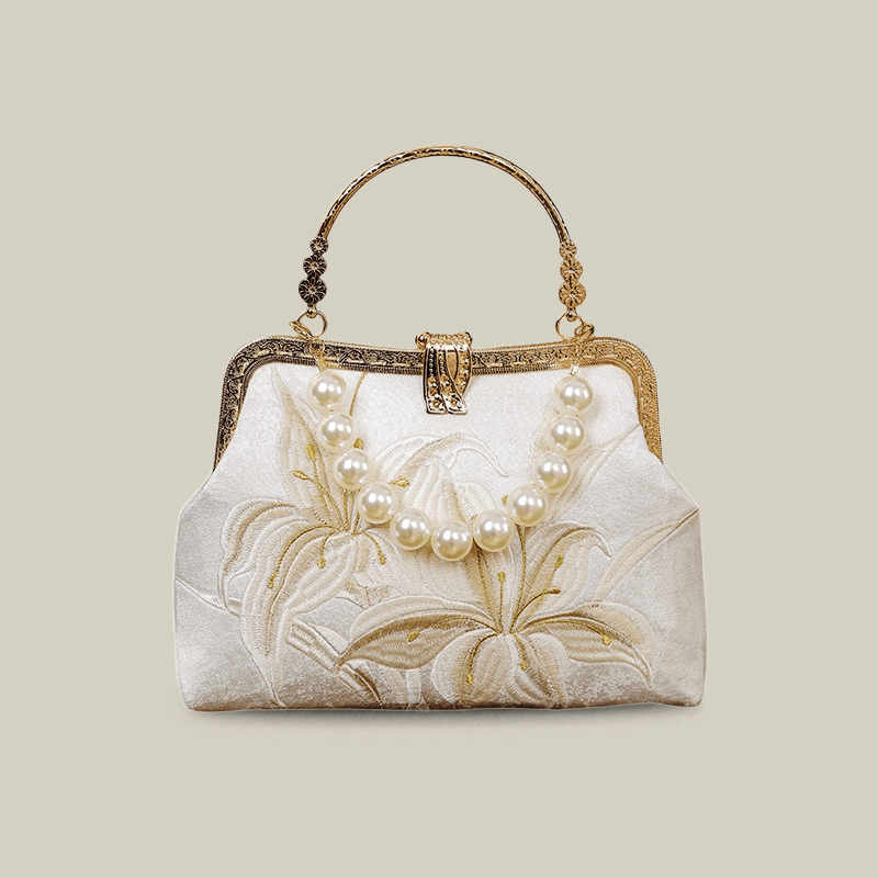 Lily Embroidered Pearl Handle Handbag with Metal Lock