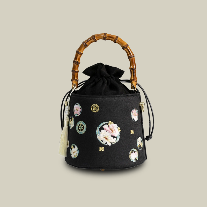 Floral Embroidered Satin Bucket Bag with Bamboo Handle