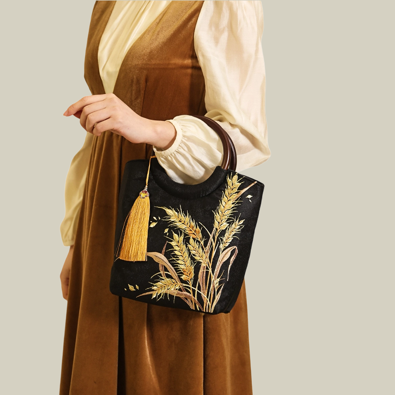 Golden Wheat Embroidered Tote Bag with Tassel