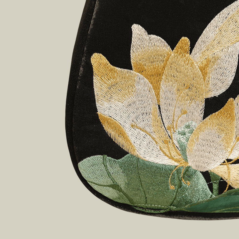 Lotus Embroidered Handbag with Fish Shape Handle