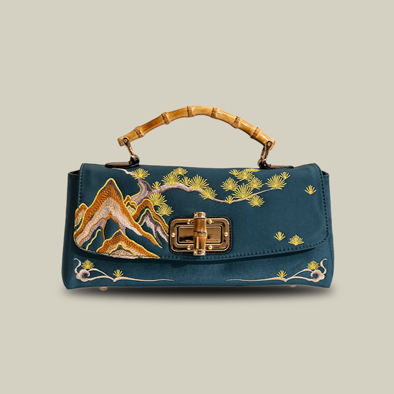Mountain Pine Embroidered Boston Bag with Bamboo Handle
